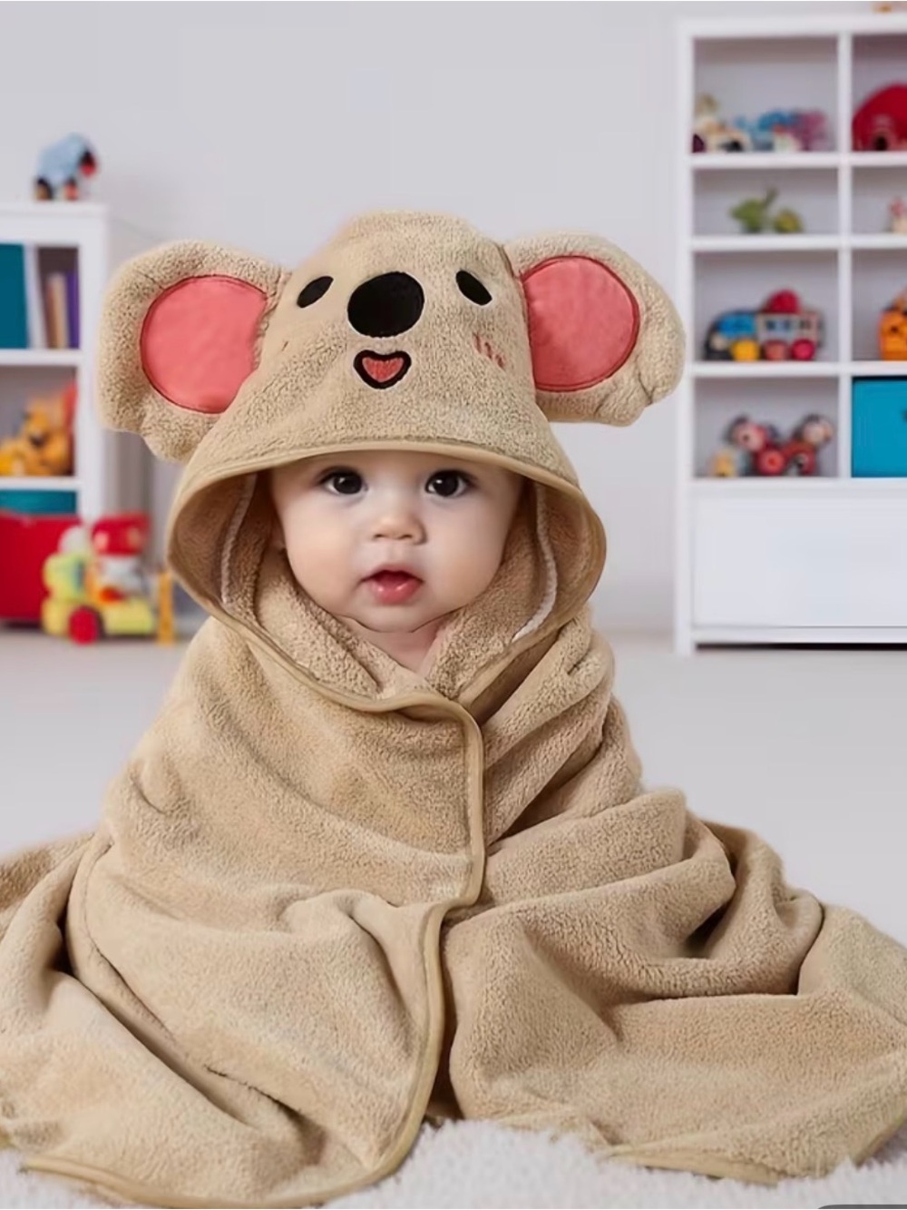 1-Plush Koala Hooded Baby Microfiber Towel - Beige with Pink Ears